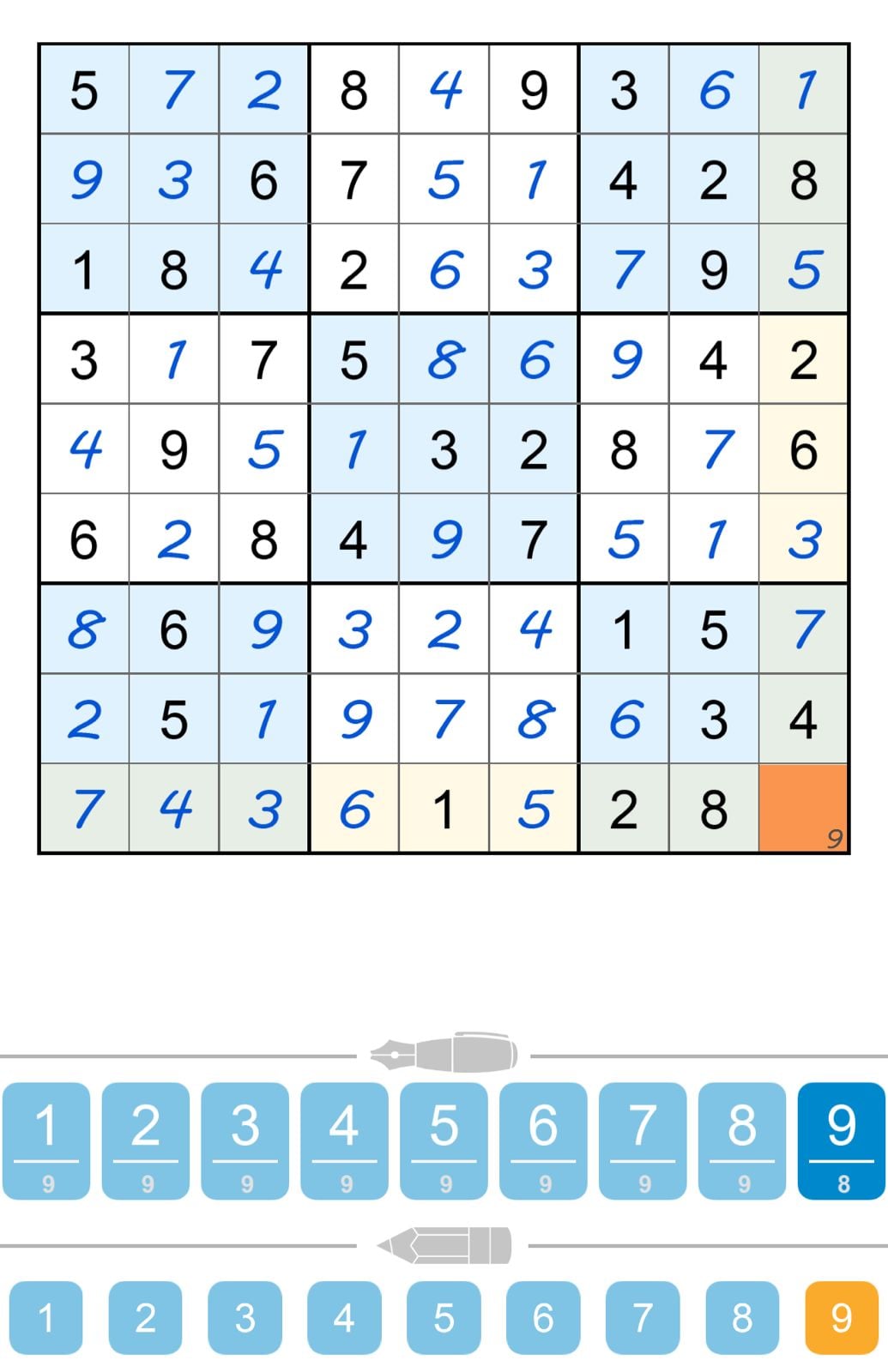 Sudoku puzzle with number selection options below.