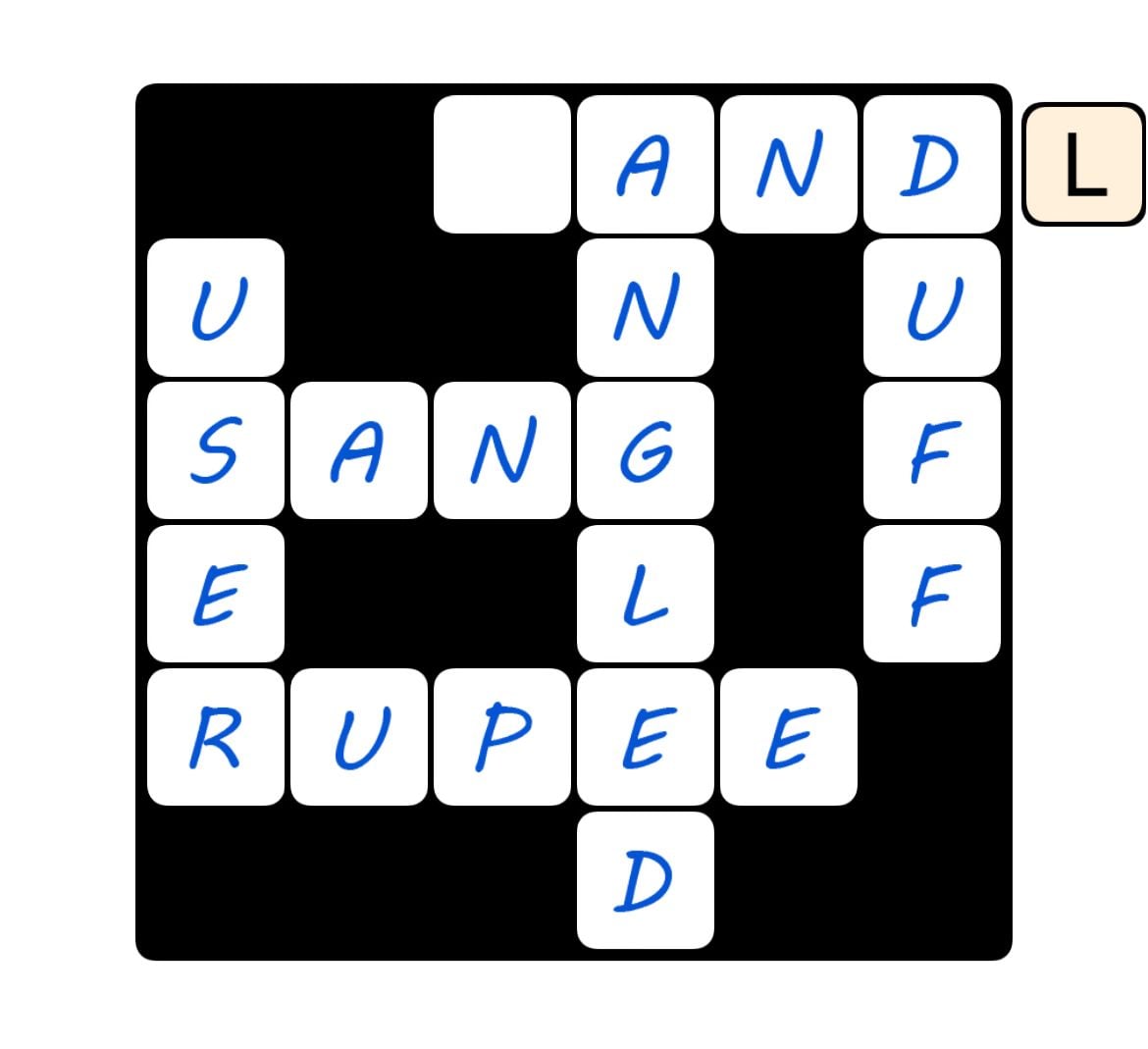 Crossword puzzle with filled words and letter L.