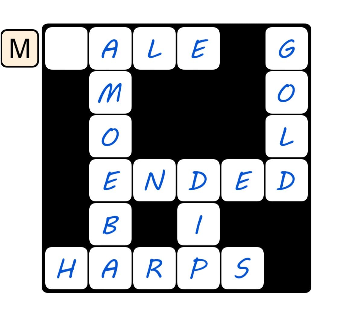 Scrabble puzzle with the letter M.