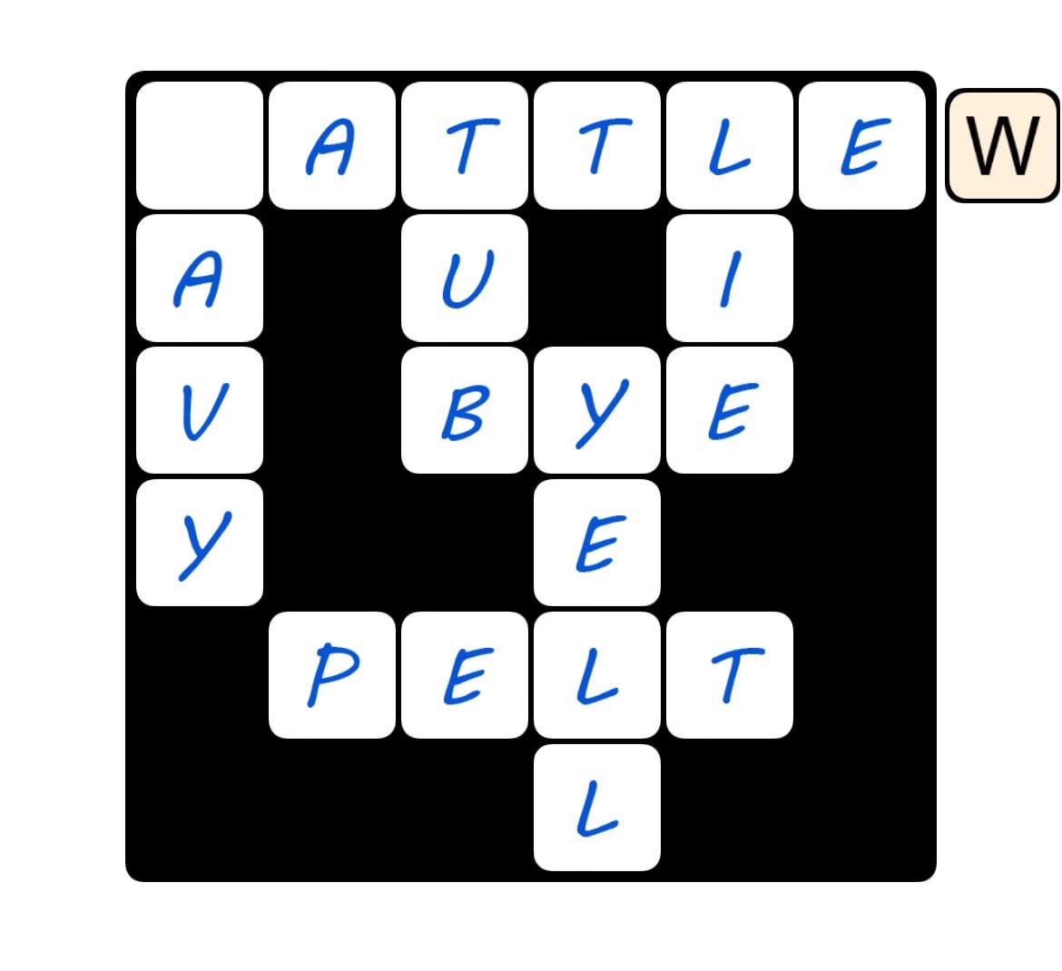 Word puzzle grid with letters A, T, L, E, W.