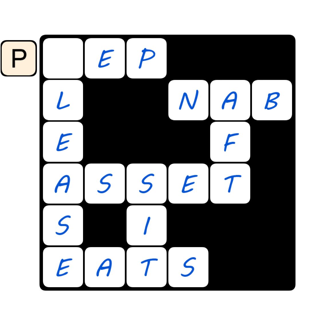 Crossword puzzle with words: please, eats, nab