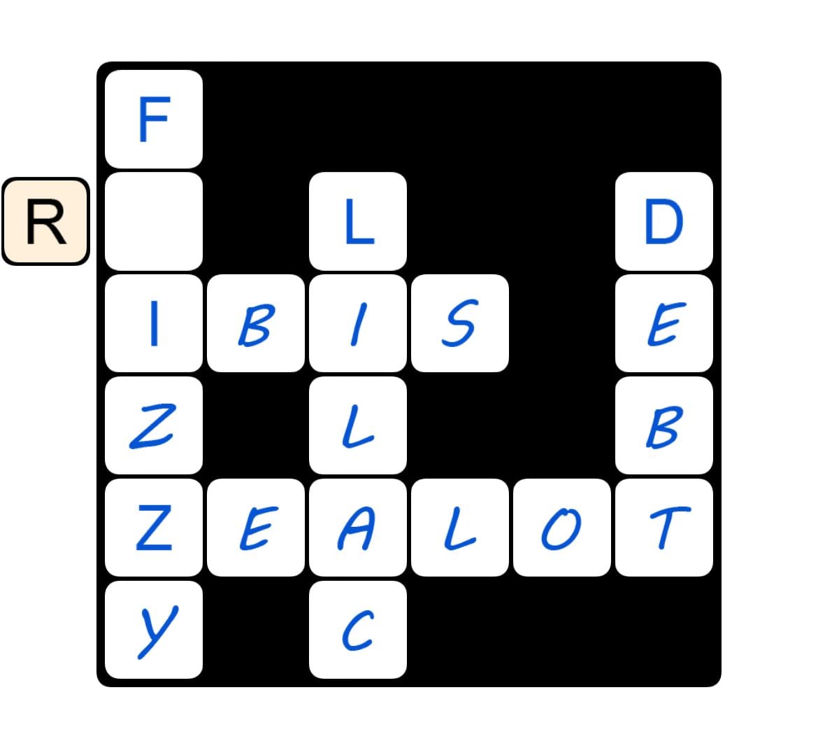 Crossword puzzle with letters and words filled in.