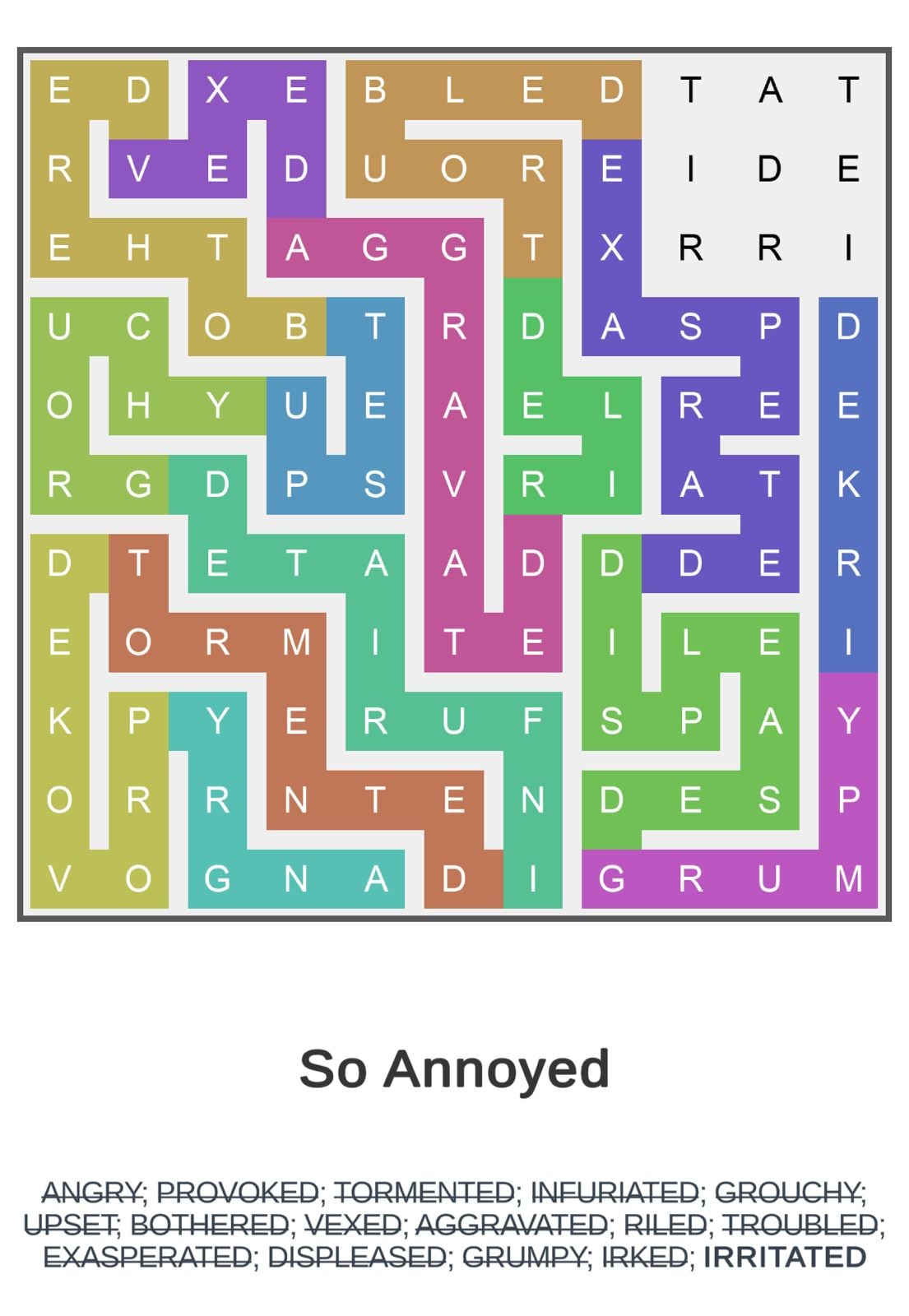 Colorful word search puzzle with synonyms for annoyance.