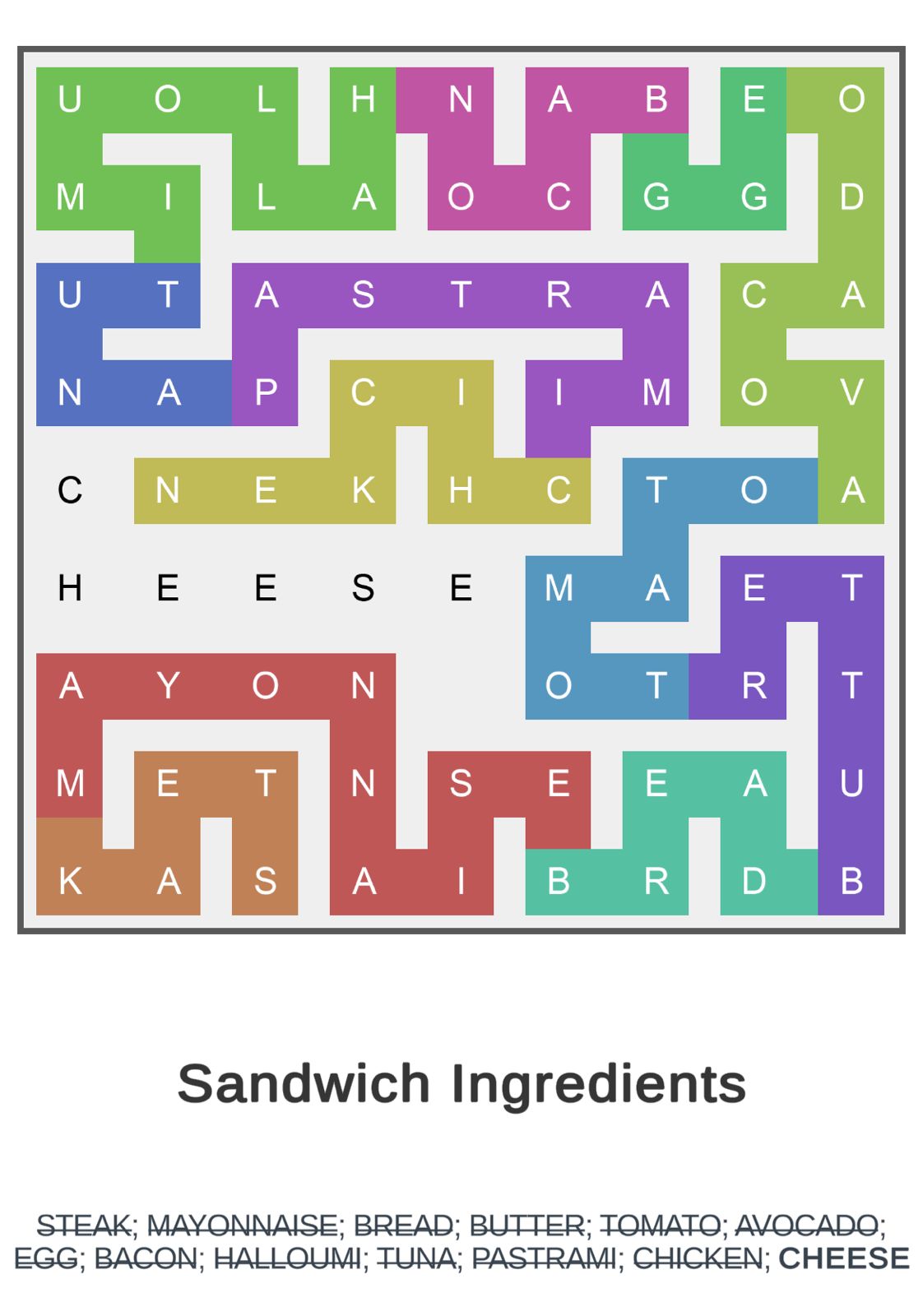 Word search puzzle on sandwich ingredients.