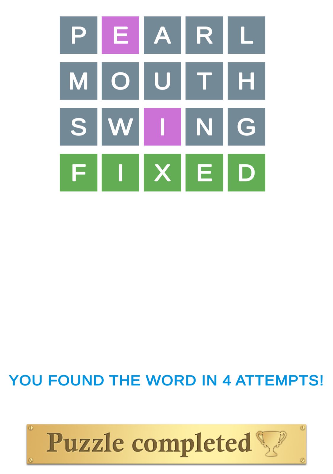 Word puzzle completed in four attempts