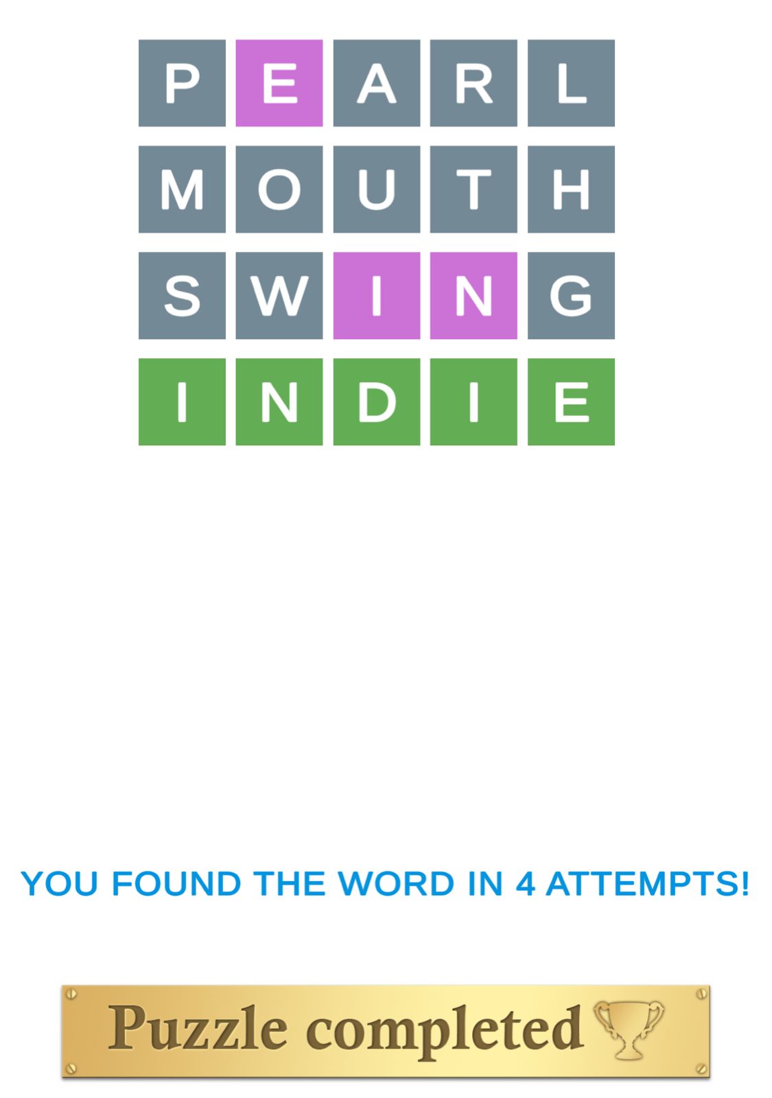 Word puzzle completed in four attempts.