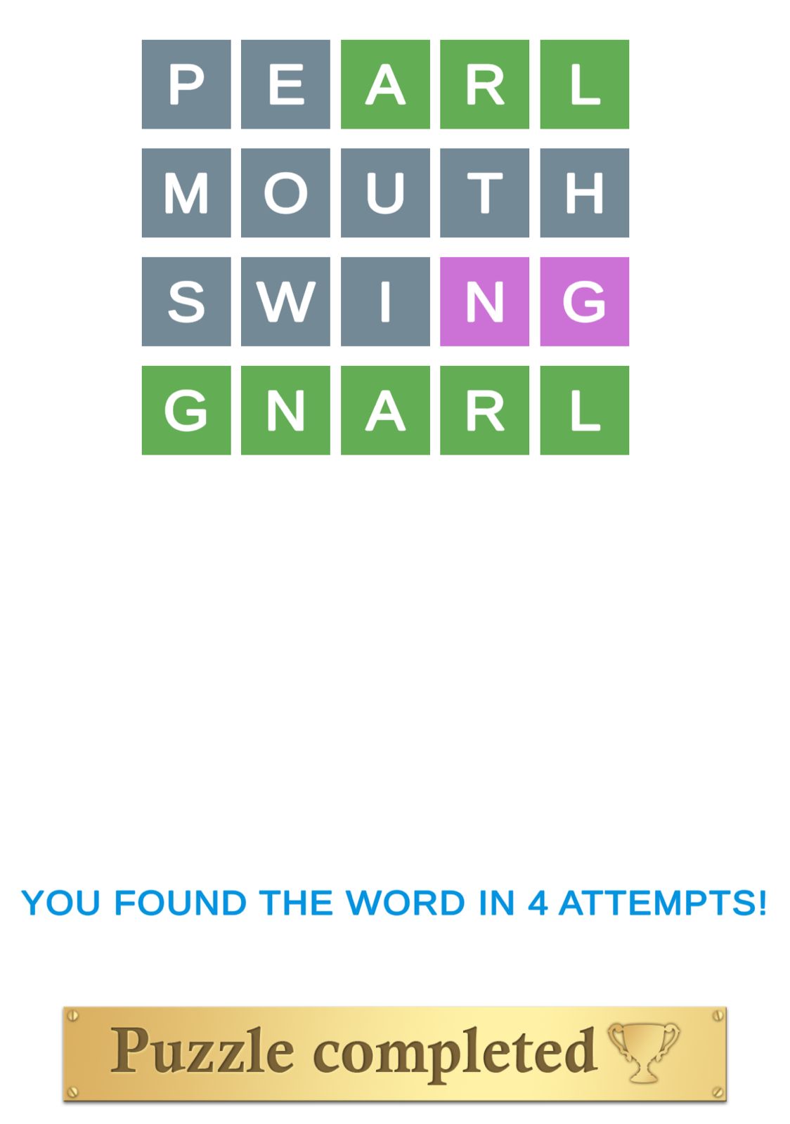 Word puzzle solved in four attempts, GNARL final word.