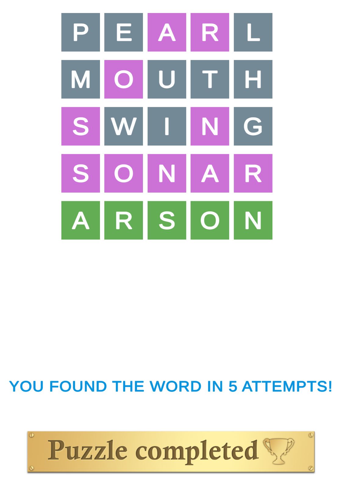 Word puzzle solved in five attempts, success message shown.