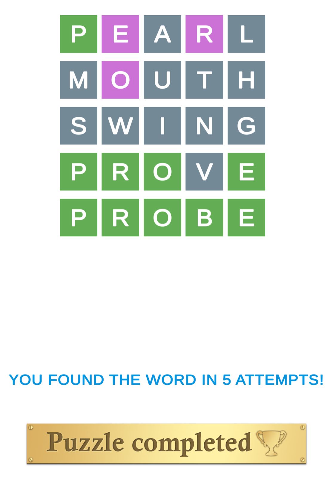 Word puzzle completed in five attempts.