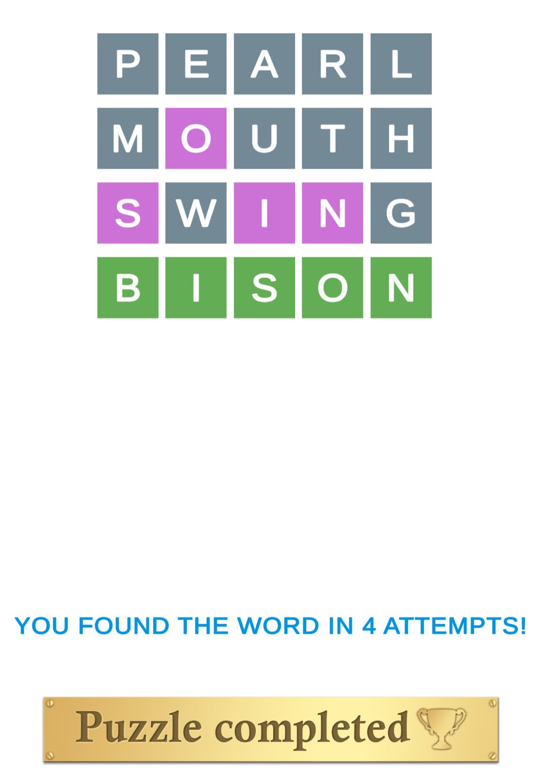 Word puzzle completed in four attempts.