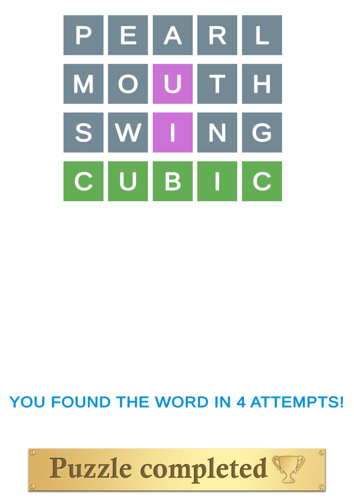Word puzzle completed in four attempts.