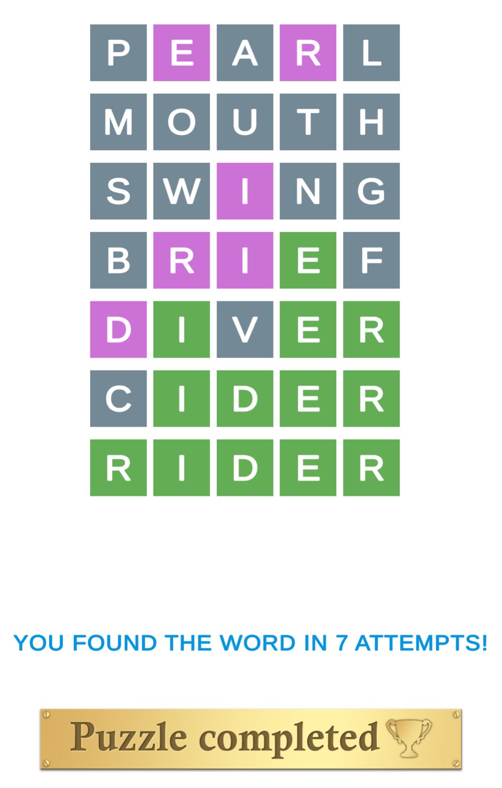 Word puzzle solved in seven attempts