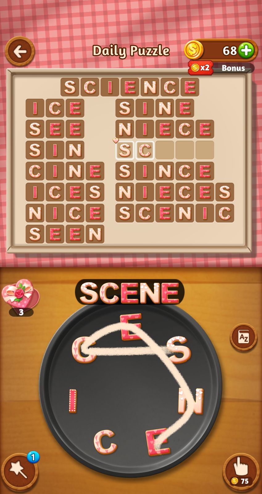Word puzzle game with candy-themed letters.
