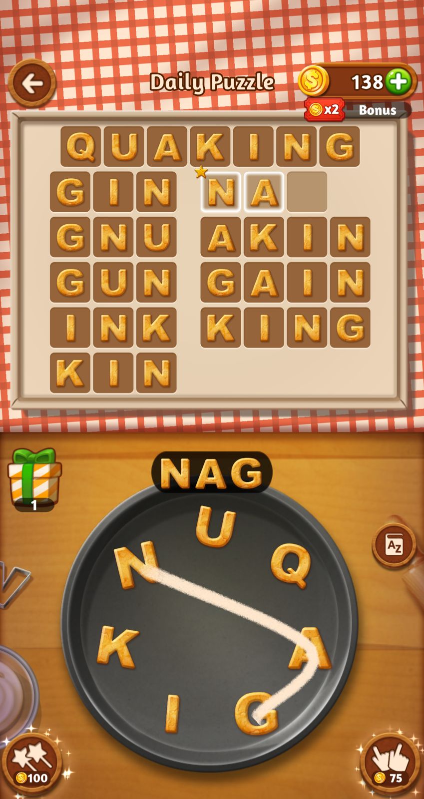 Word puzzle game with cookie letters on a tray.