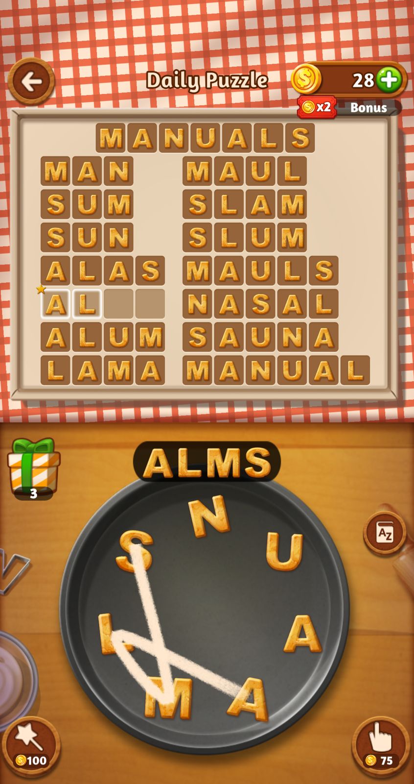 Word puzzle game with letters on a plate.