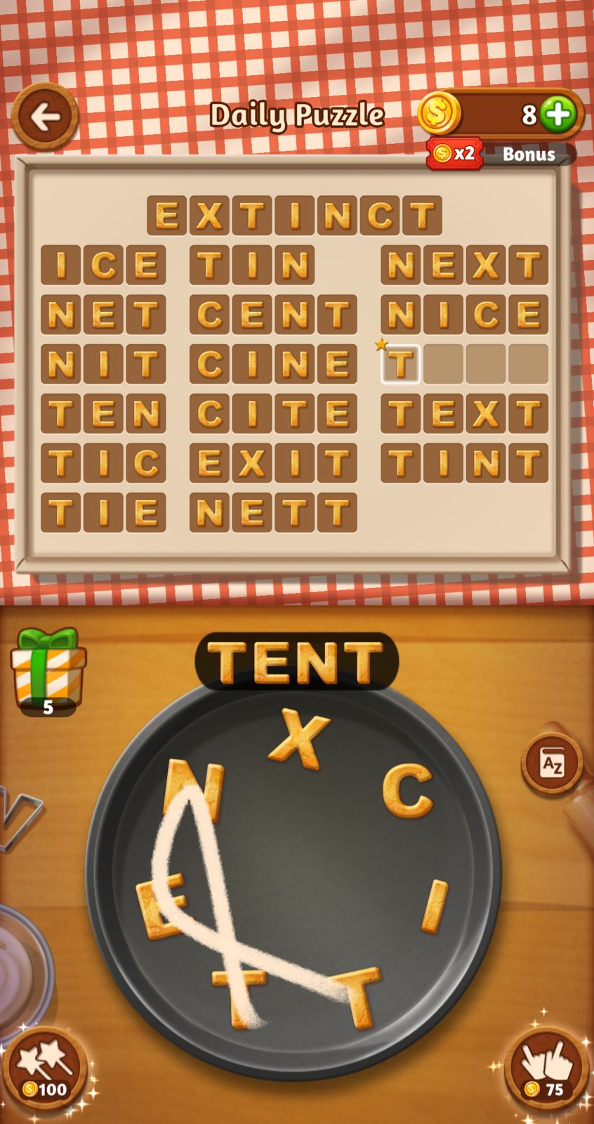 Word puzzle game with letters and grid.
