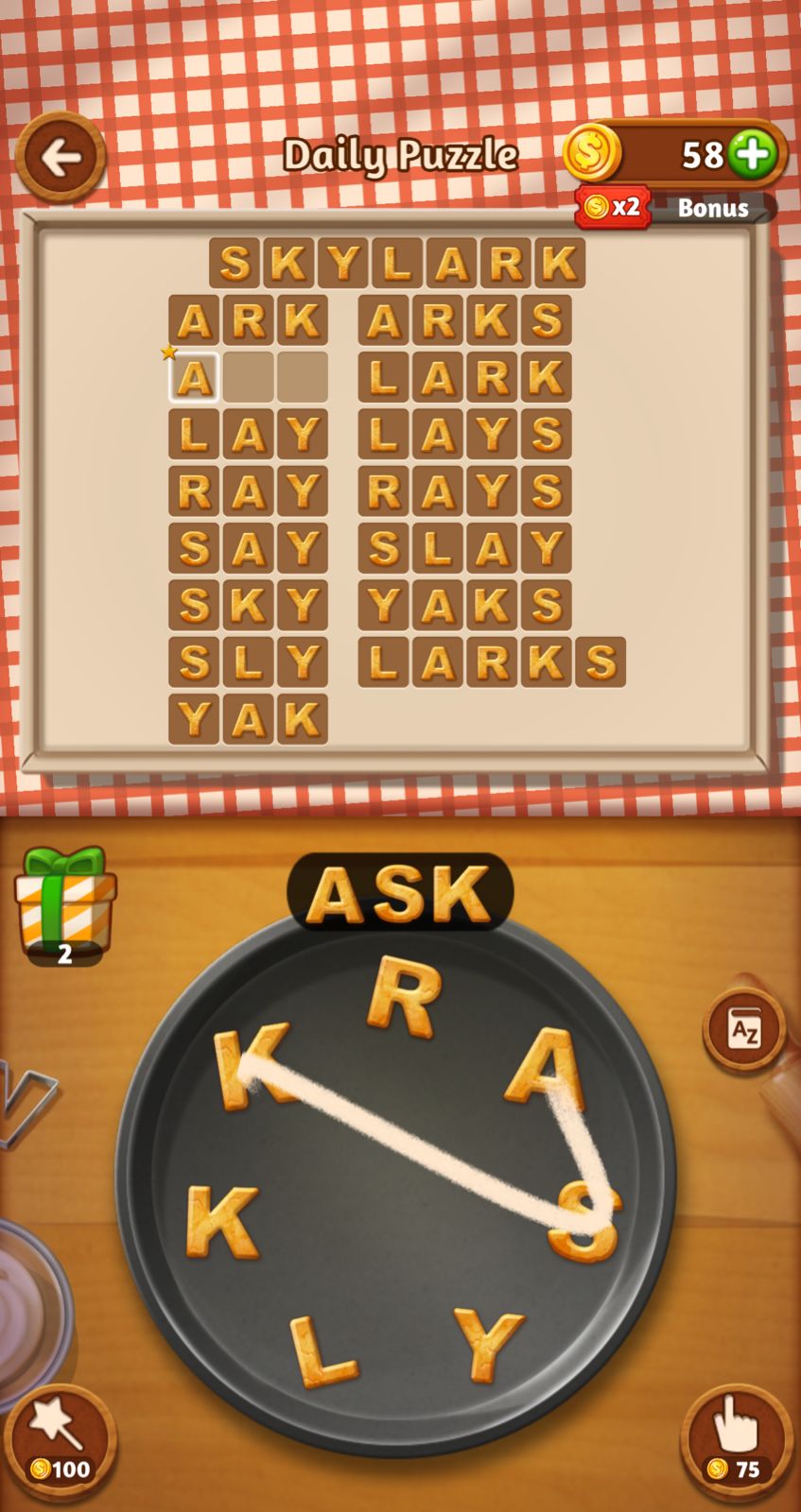 Word puzzle game with letters on a tray.