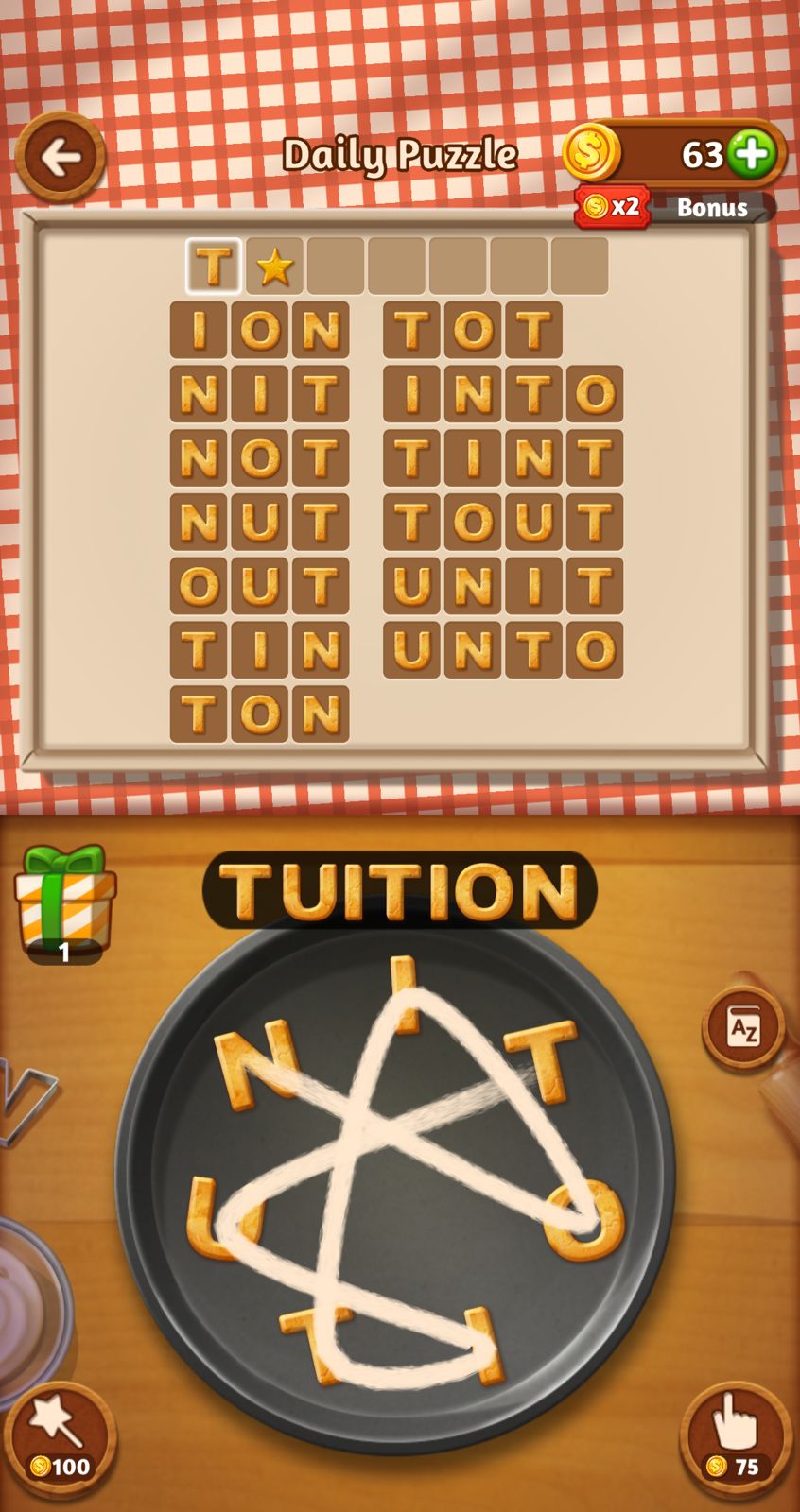 Word puzzle game with cookies spelling 'TUITION'.
