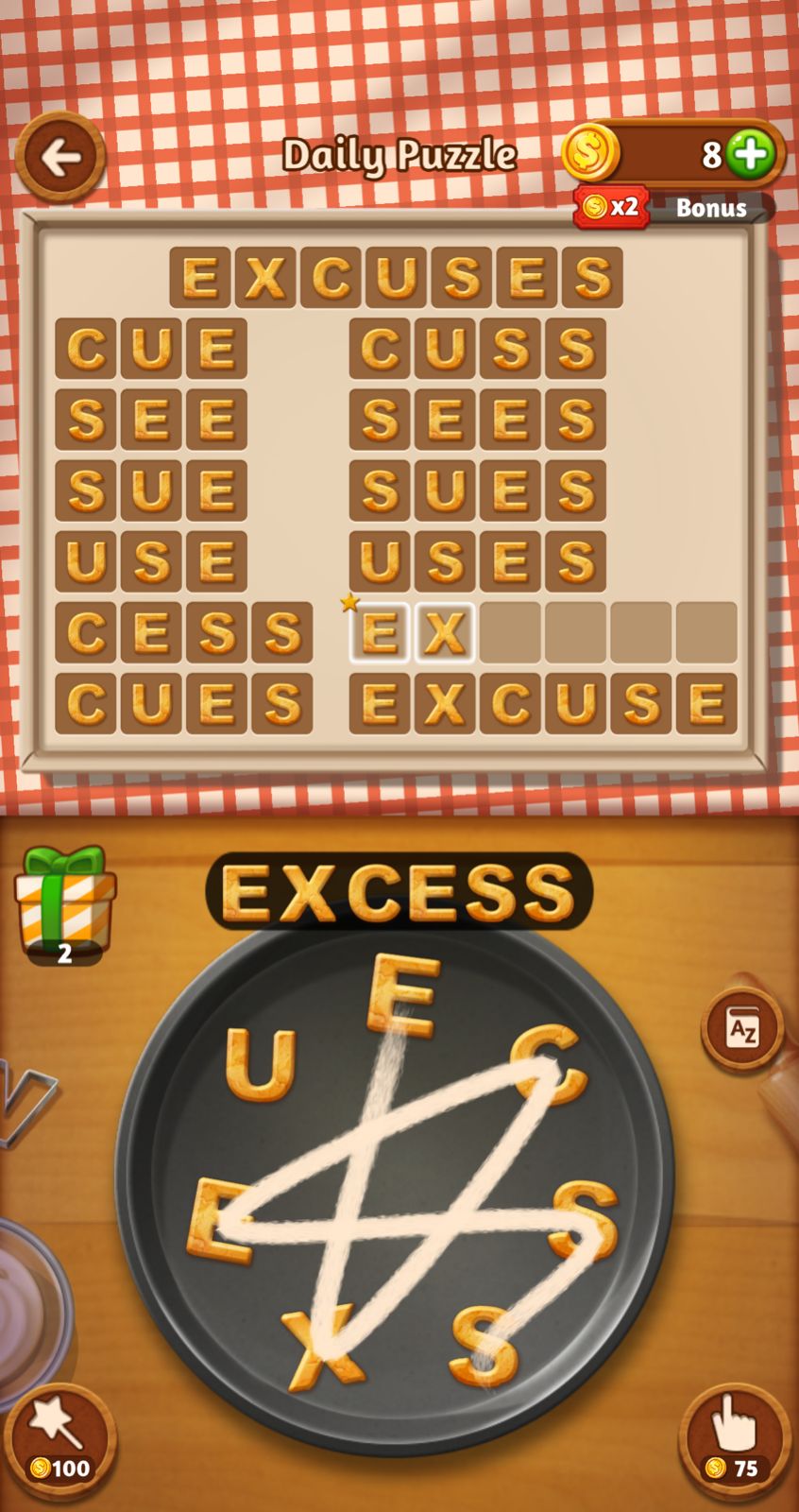 Word puzzle game showing 'EXCESS' and 'EXCUSES'.