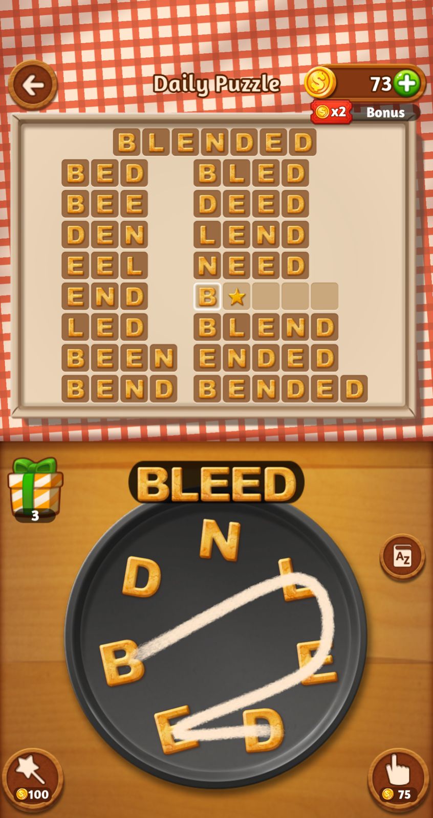 Word puzzle game with scrambled letters and solutions.