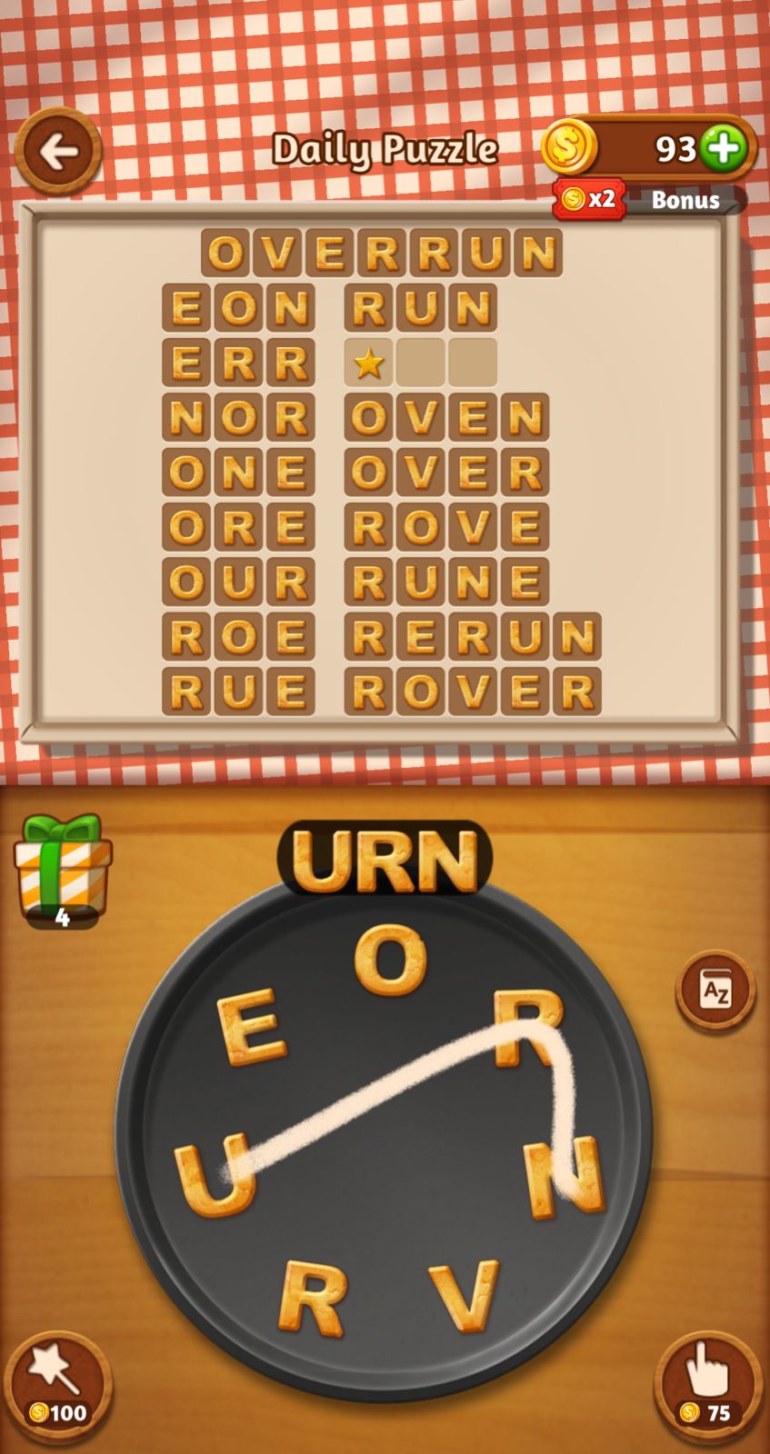Word puzzle game with arranged letters and coins.
