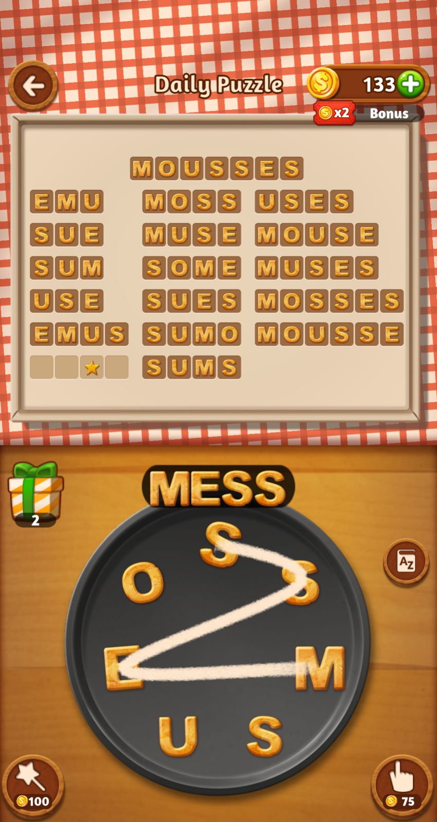 Word puzzle game screenshot, various words on screen.