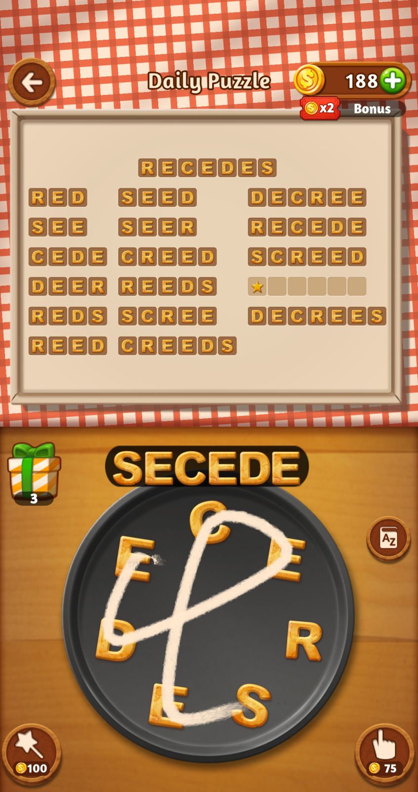 Word puzzle game with letters and coins display.