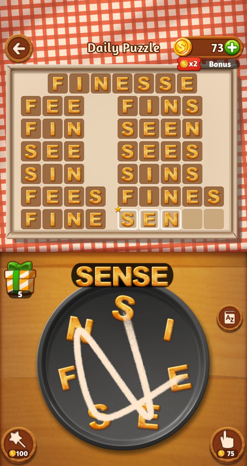 Word puzzle game with letters forming words.