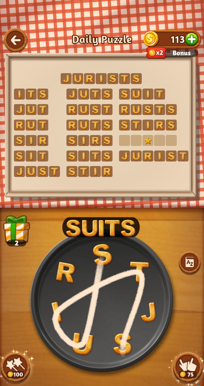Word puzzle game with letters forming words.