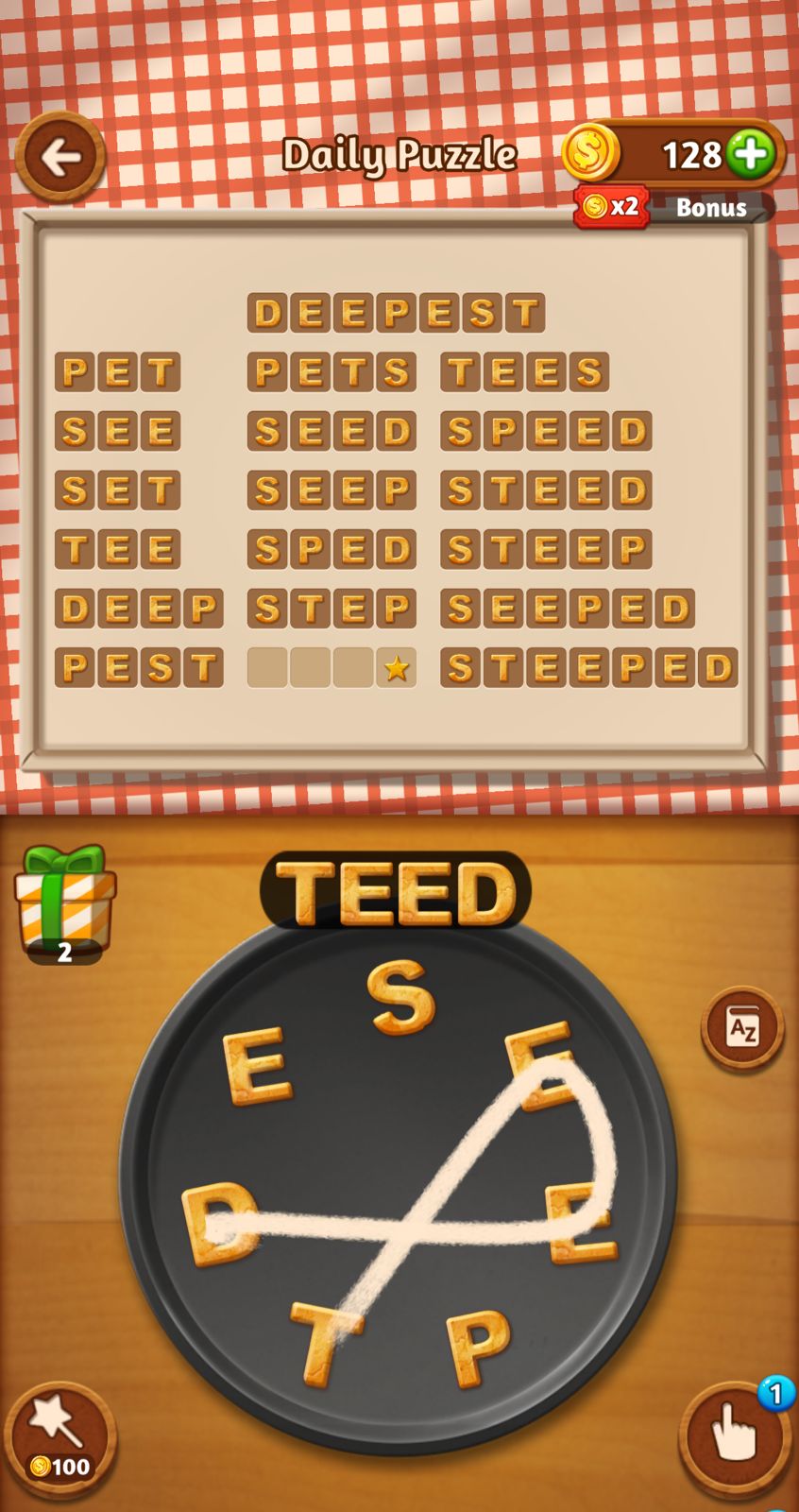 Word puzzle game with completed word list.