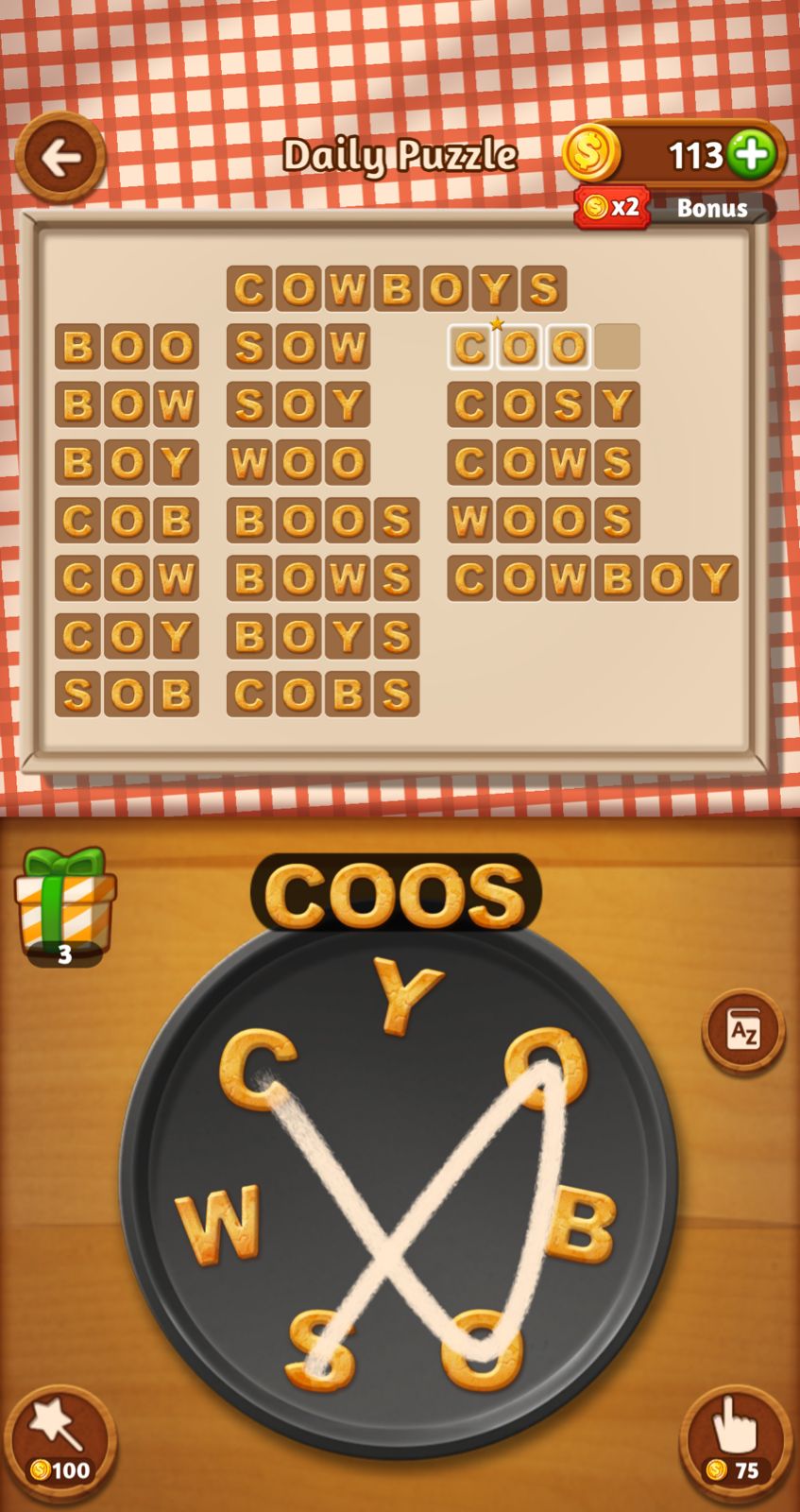 Word puzzle game with selected words and letter wheel.