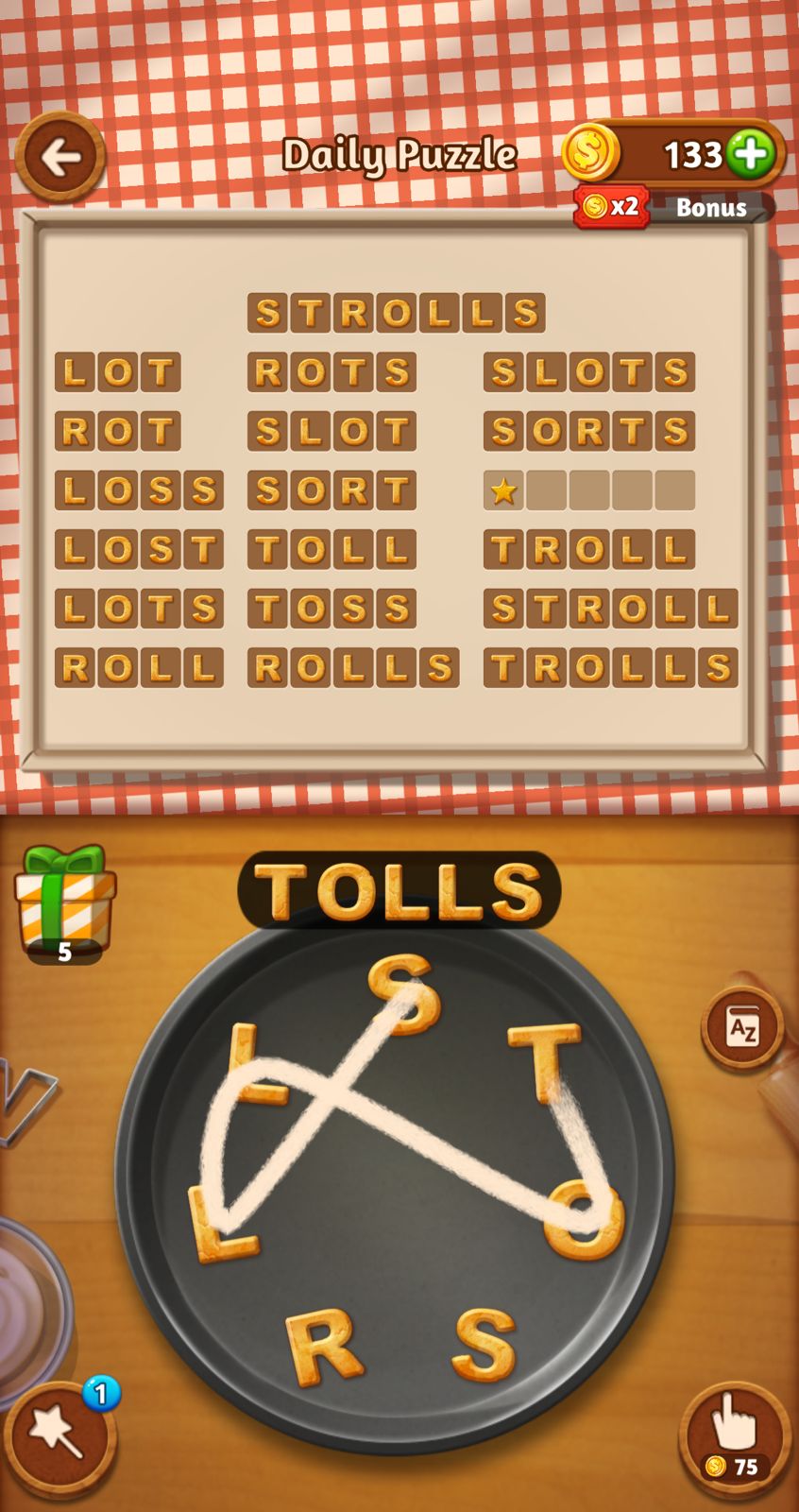 Word puzzle game with letters and coins.