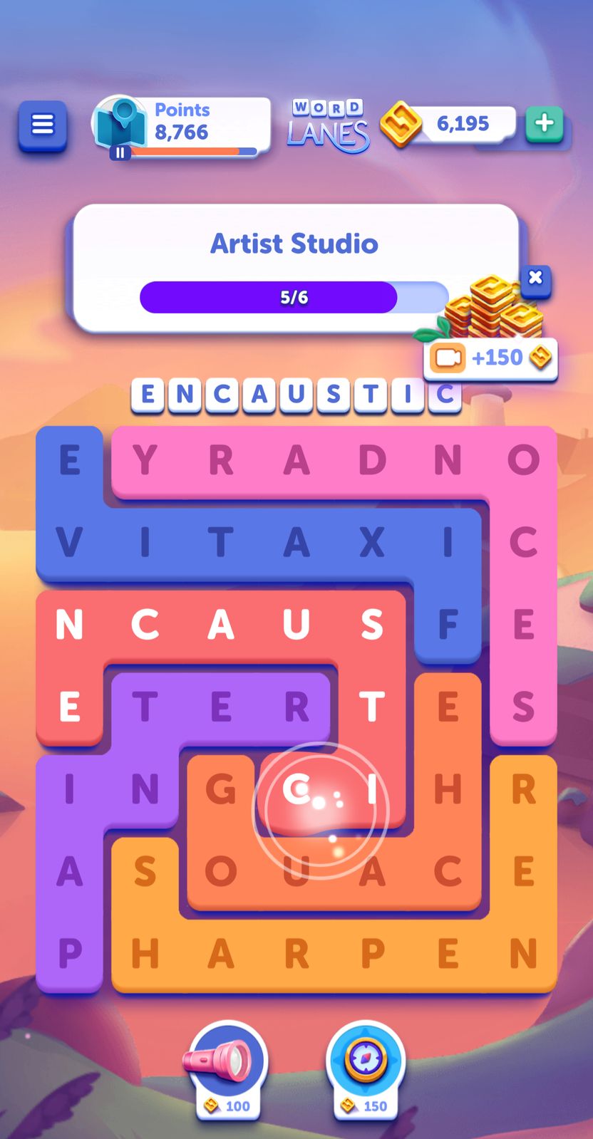 Word puzzle game screen with points and coins.