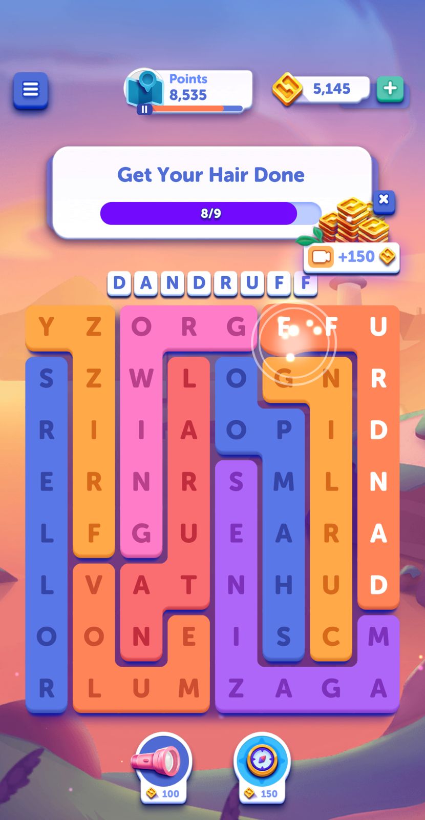 Word puzzle game with progress indicators.