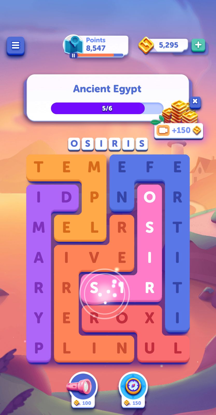 Ancient Egypt themed word puzzle game screen.