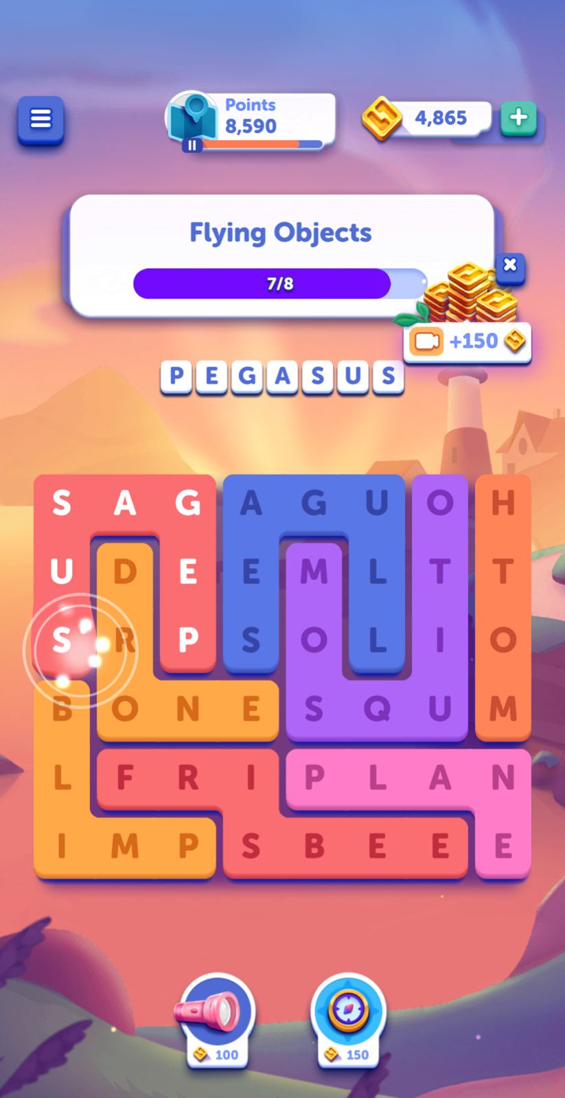 Word puzzle game interface with flying objects category.