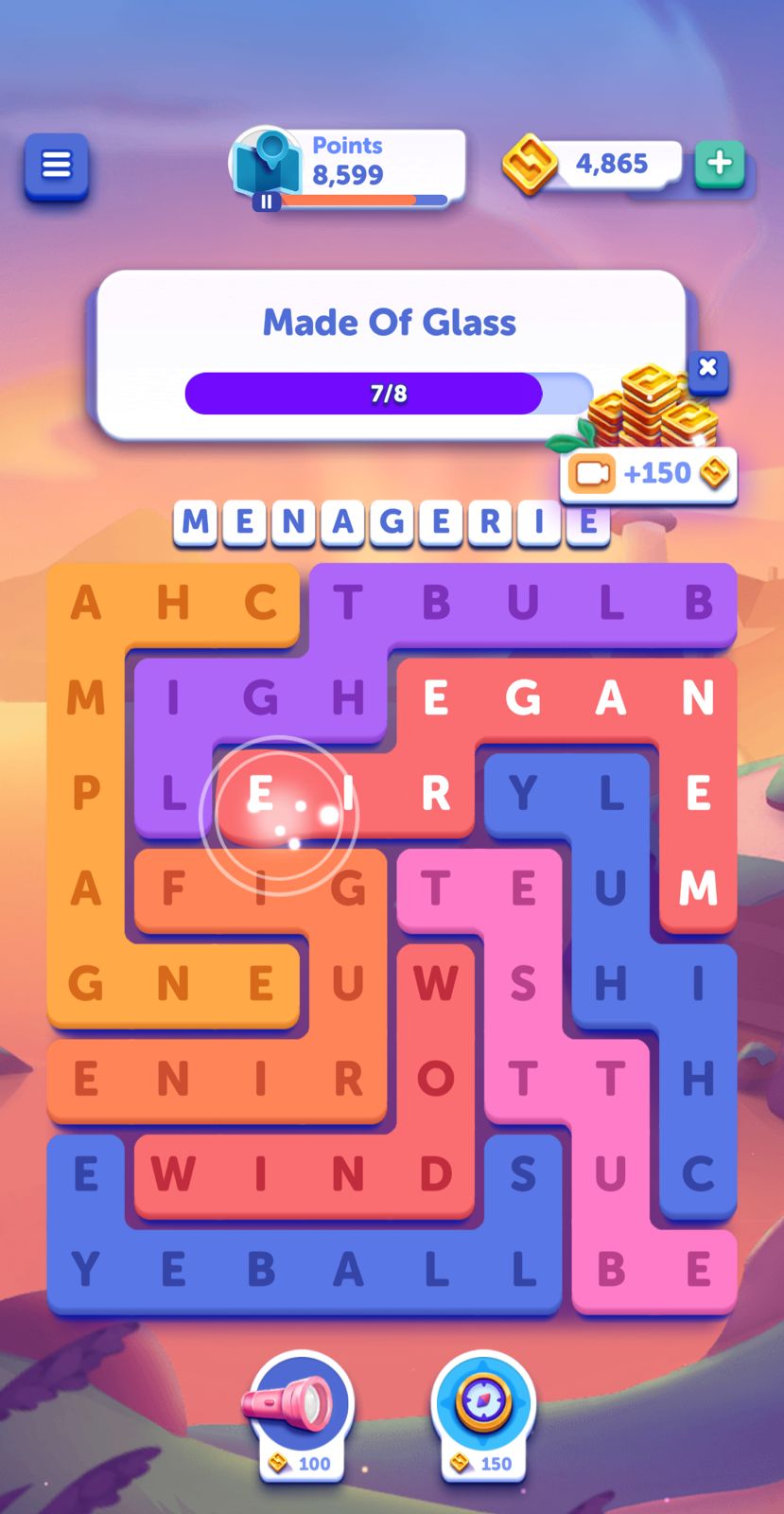 Word search puzzle with points and rewards display.