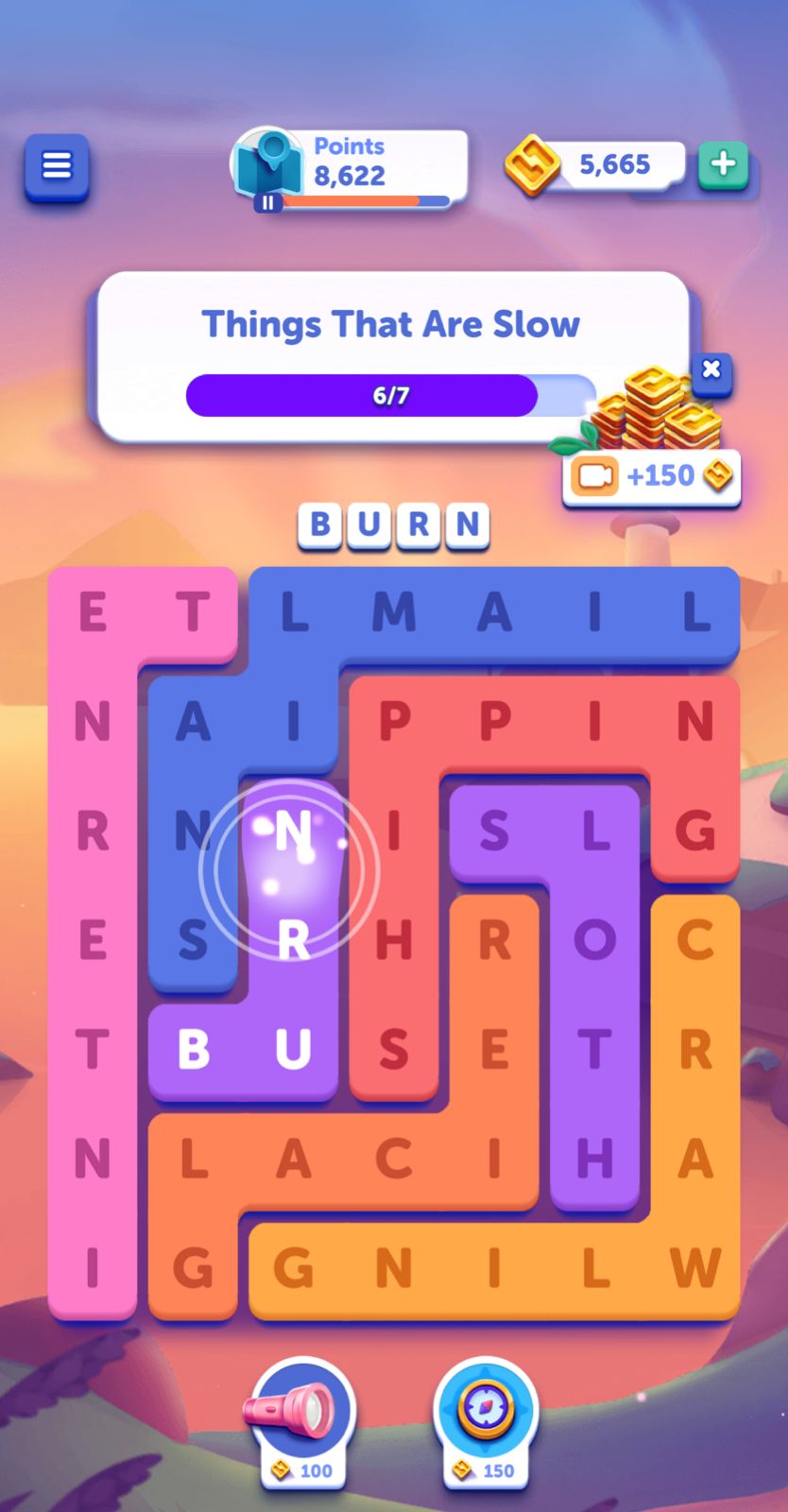 Word puzzle game screen with progress and rewards.