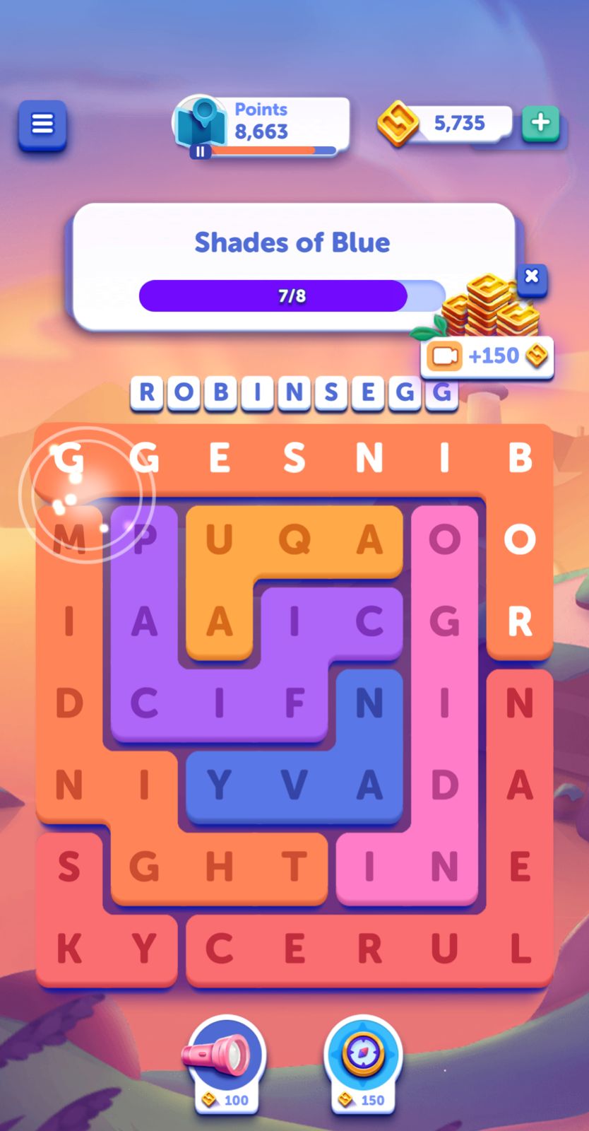 Word search puzzle game, shades of blue theme