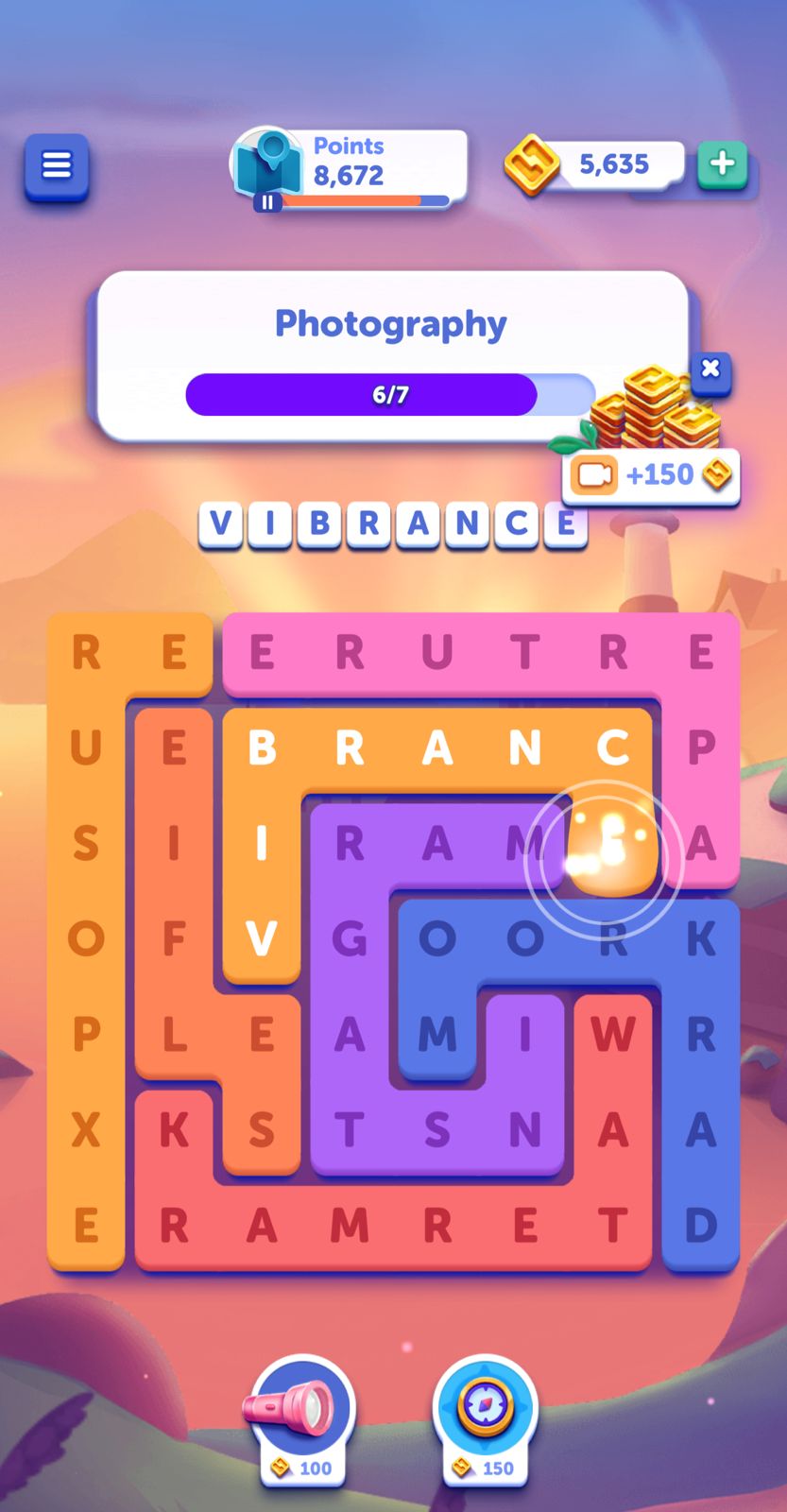 Word search game screen with vibrant colors