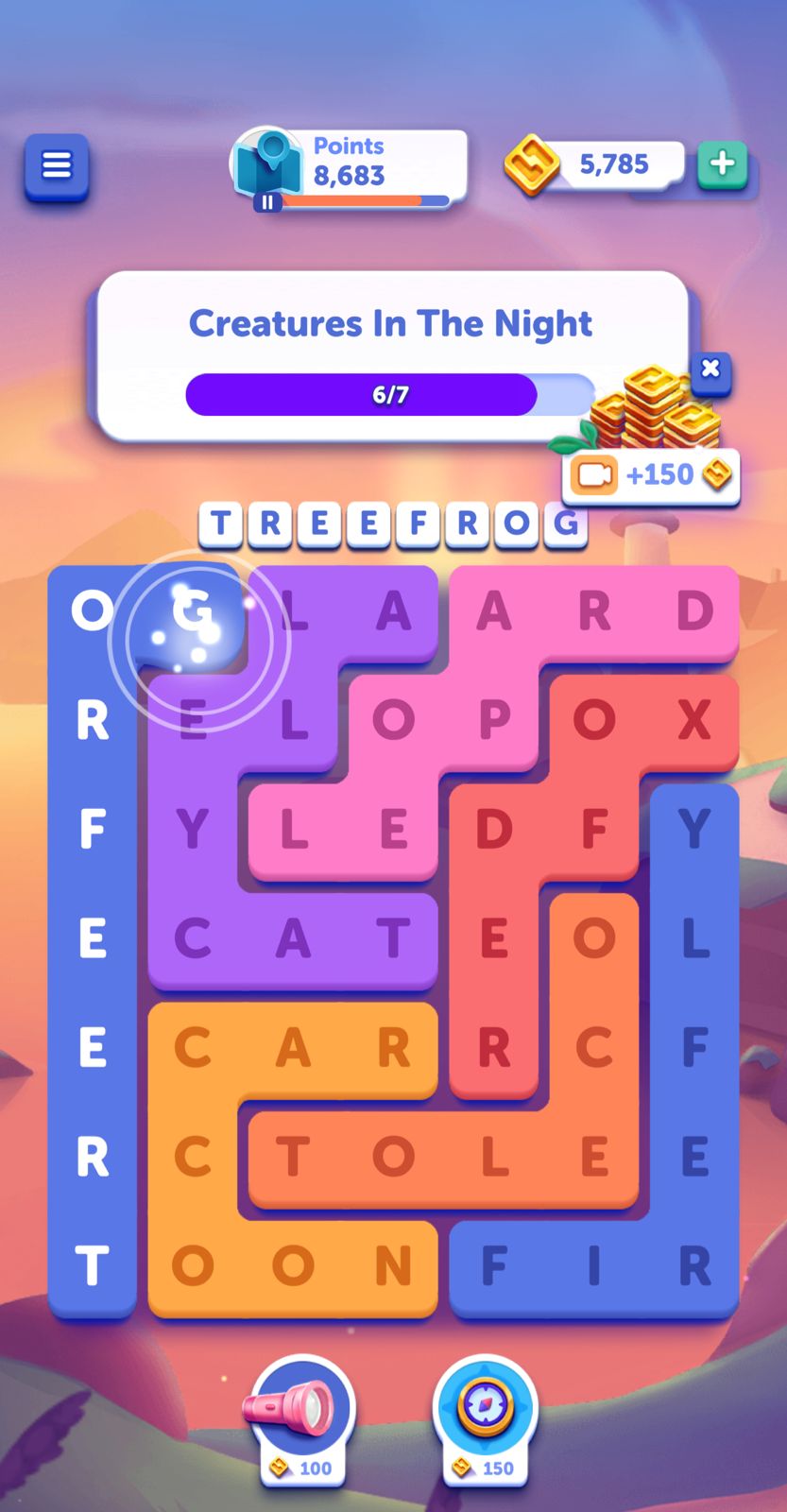 Word search puzzle game interface, colorful grid.