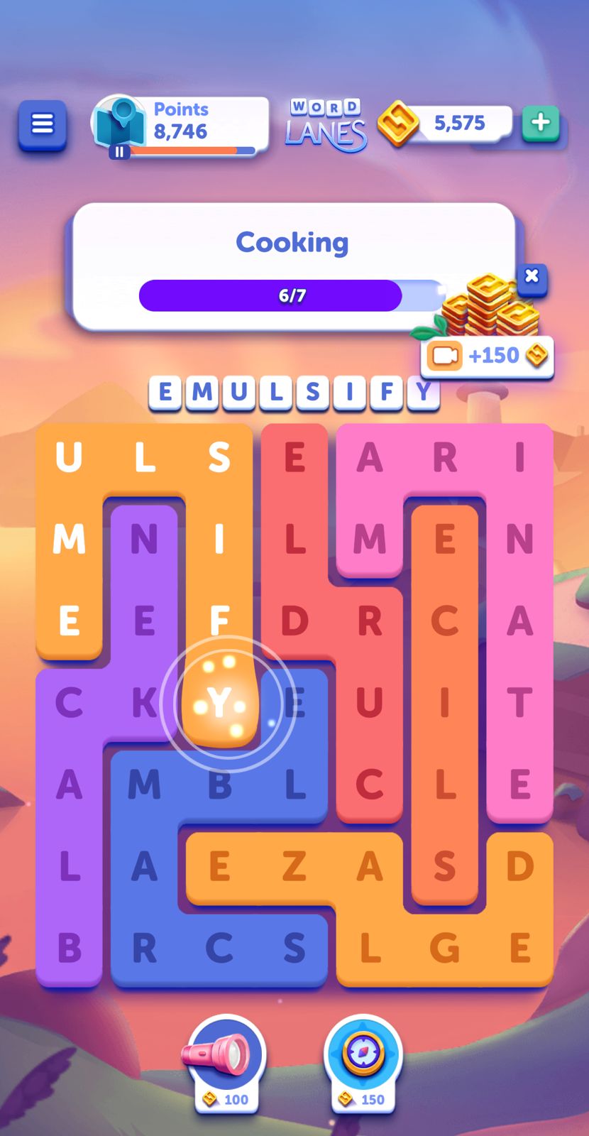 Word puzzle game interface with score and level.