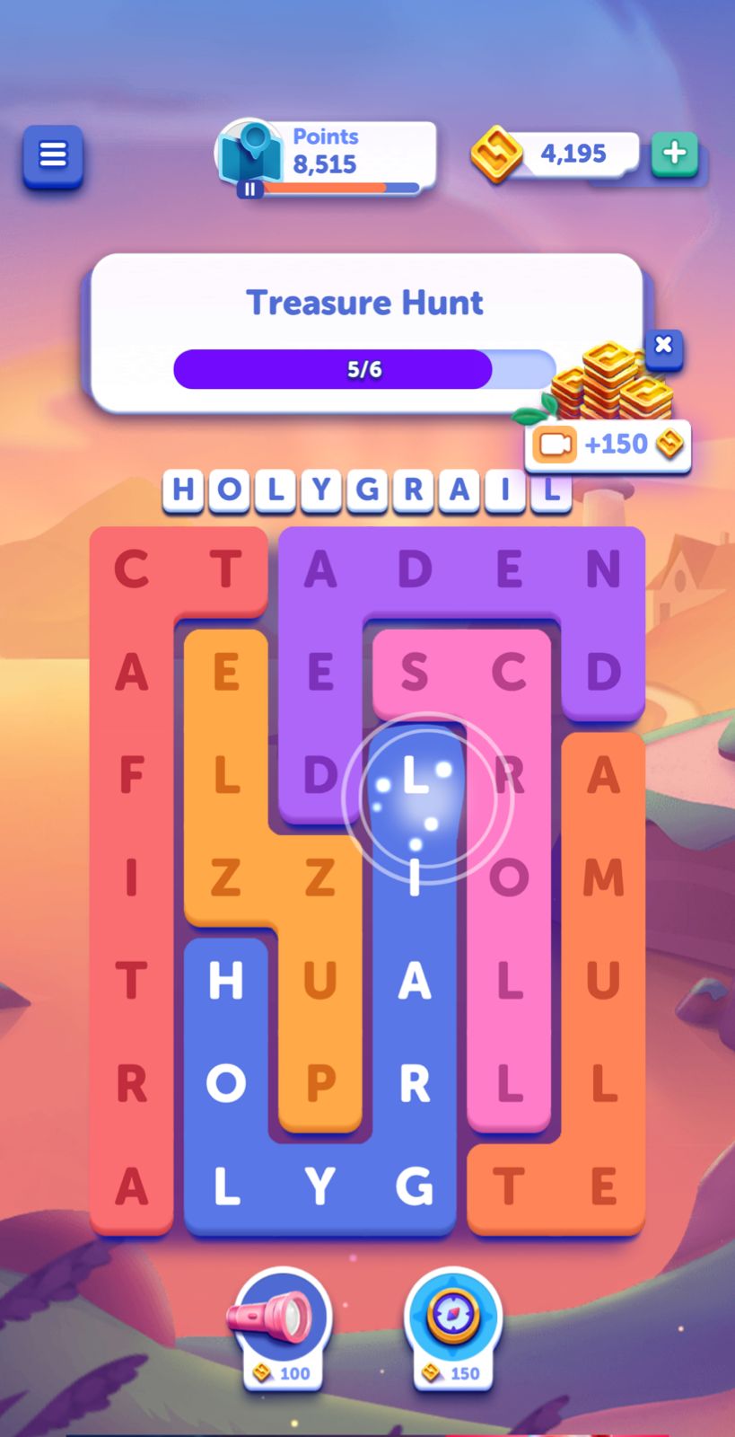 Colorful word puzzle game screenshot, Treasure Hunt level