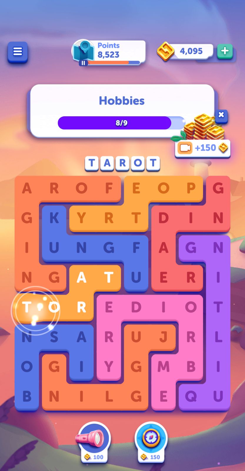 Word search game screen with score and coins