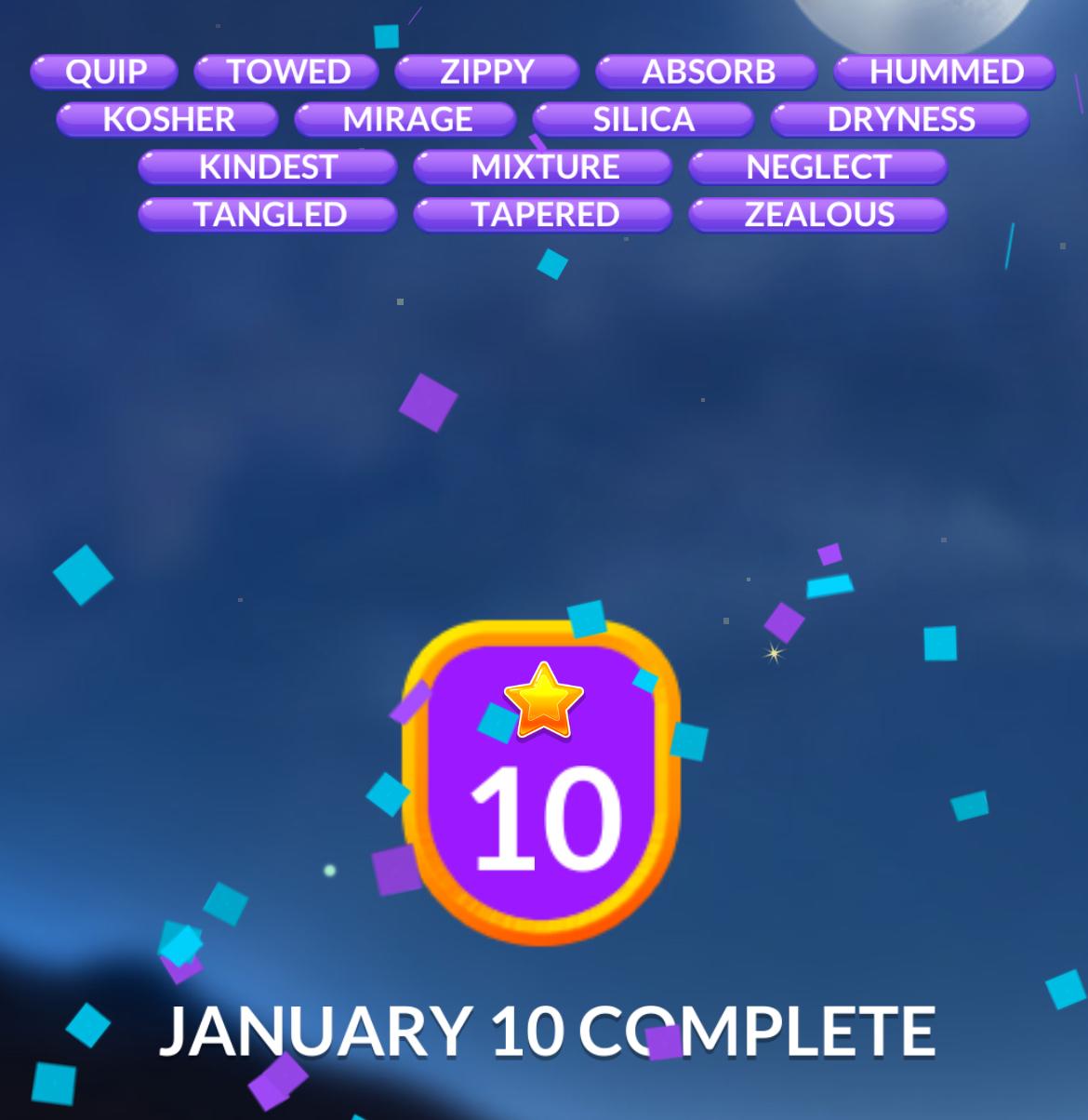 Word puzzle completion badge for January 10.