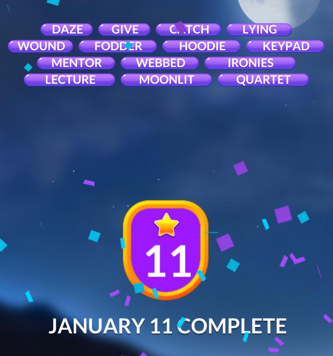 Word game level 11 completed on January 11.