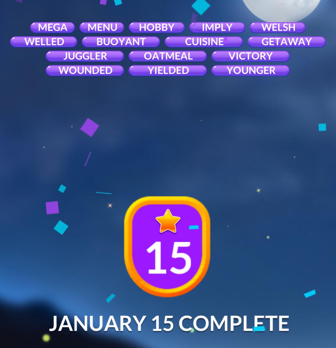 Word game completion on January 15.
