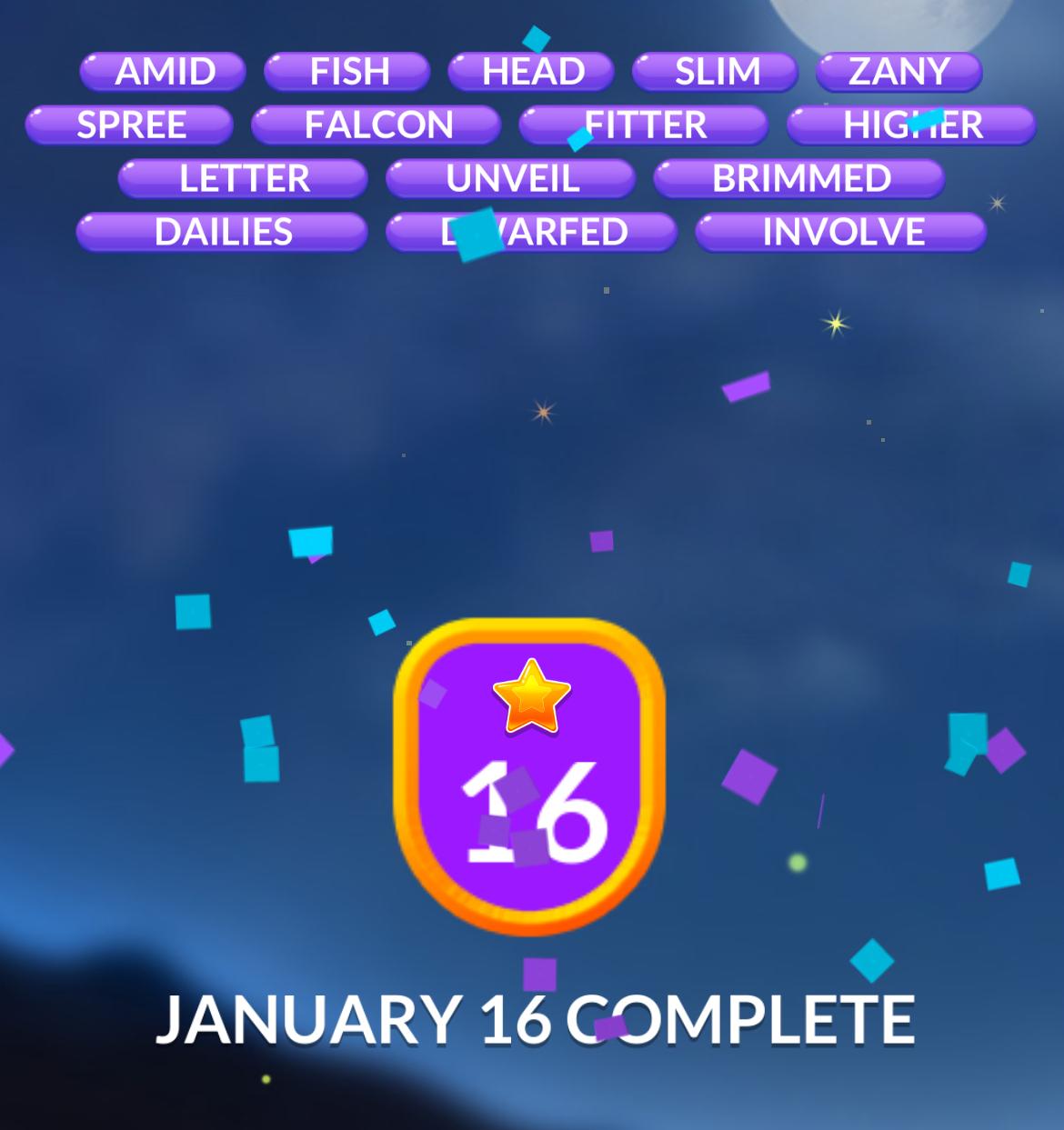 Word game completed for January 16.