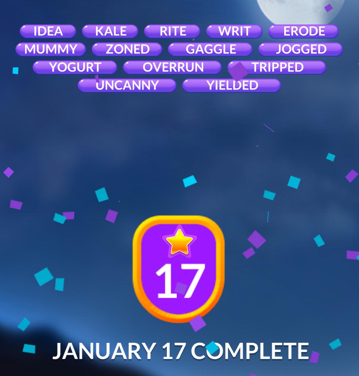 Word puzzle completion badge for January 17.