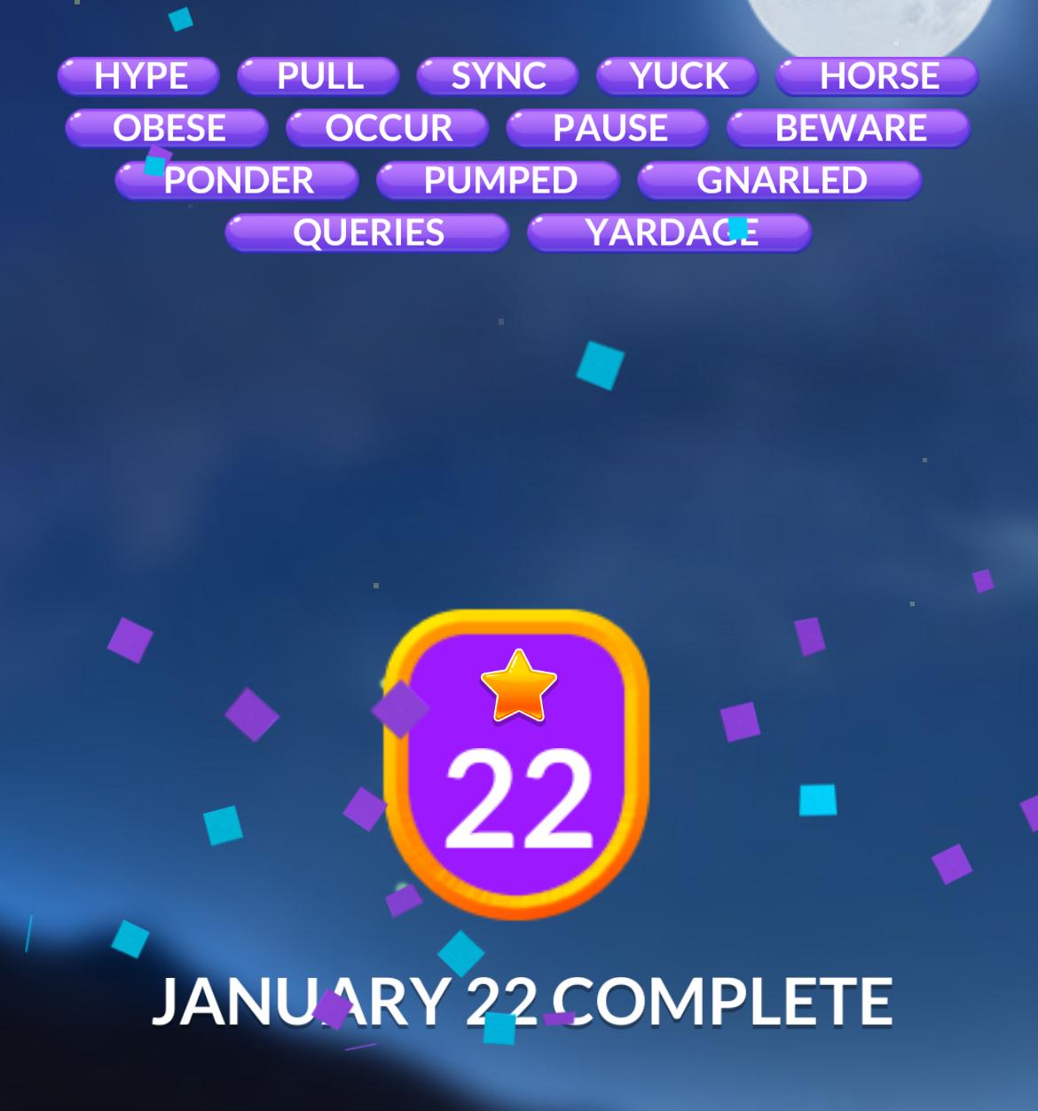 Word Stacks Daily Puzzle January 22 2025 January 22 complete with list of words game.